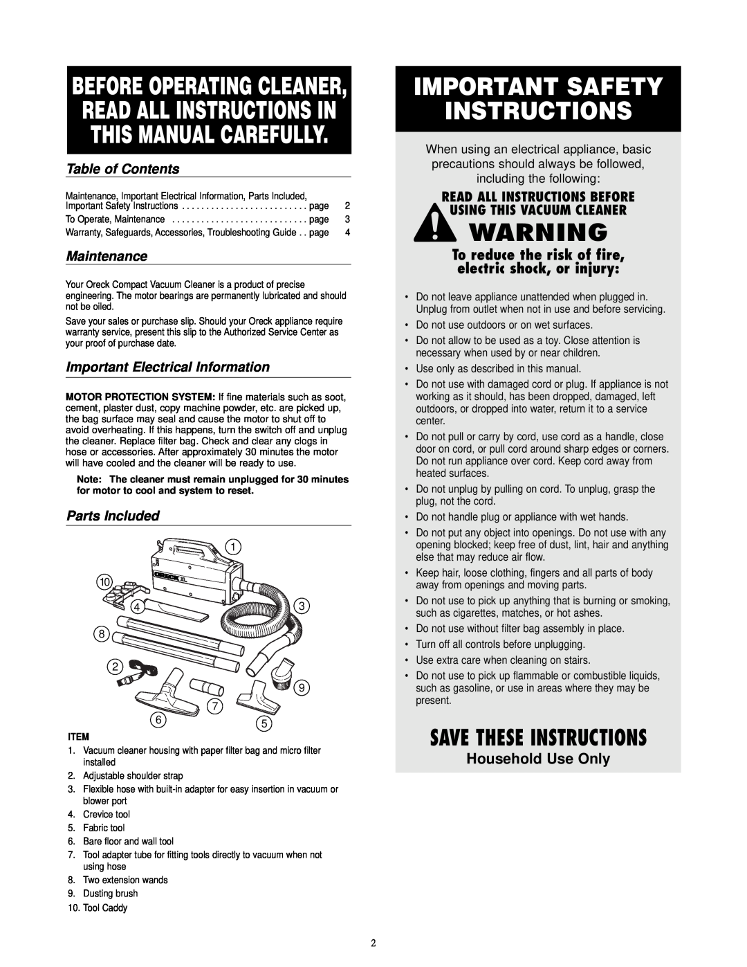 Oreck BB877-RD Save These Instructions, Table of Contents, Maintenance, Important Electrical Information, Parts Included 