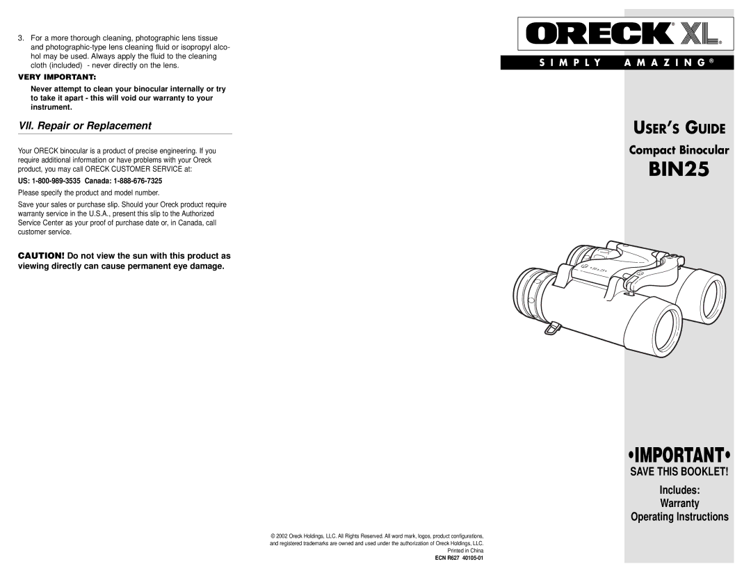 Oreck BIN25 warranty 