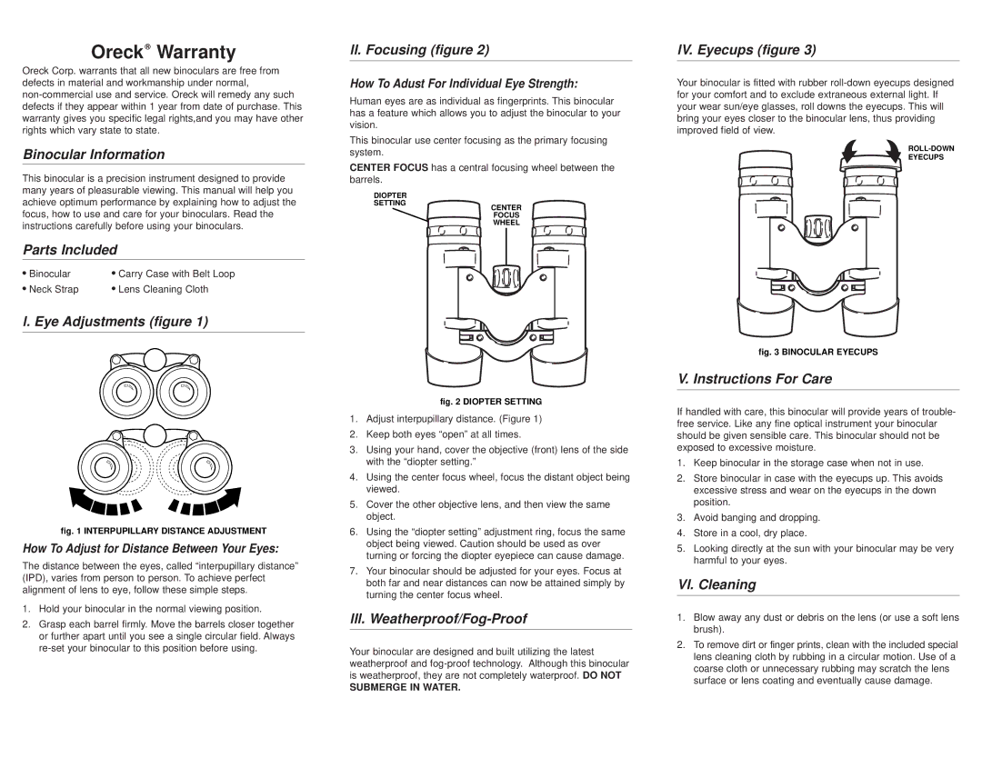 Oreck BIN25 warranty Binocular Information, Parts Included, Eye Adjustments figure Ll. Focusing figure, LV. Eyecups figure 