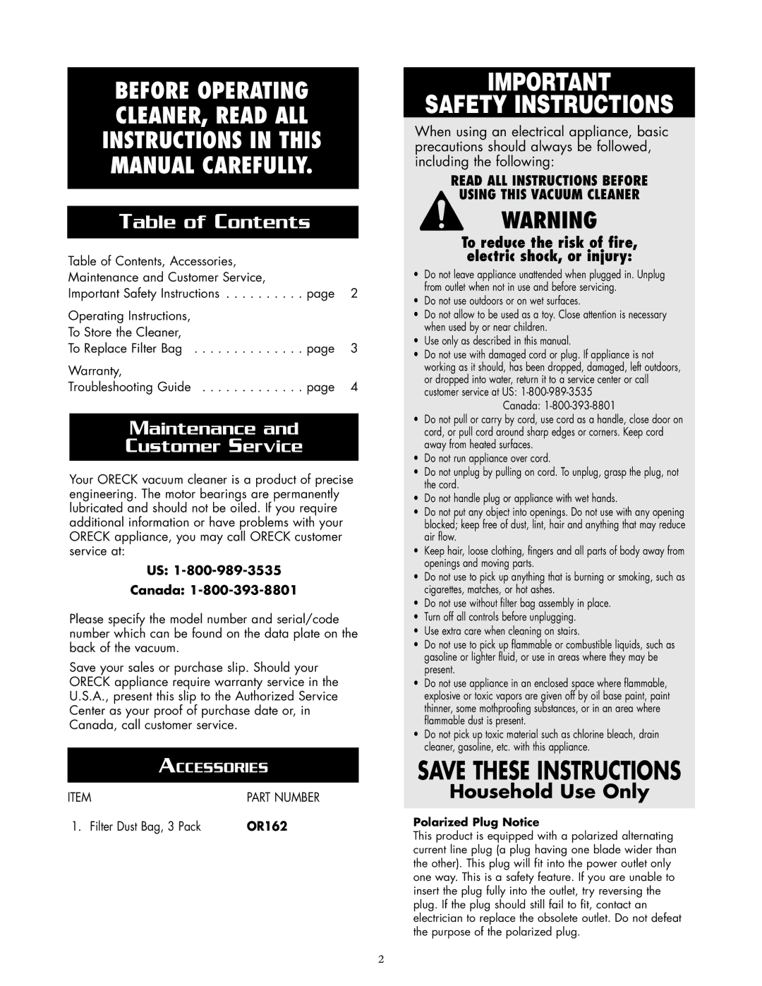 Oreck BR225 warranty Safety Instructions, Table of Contents 