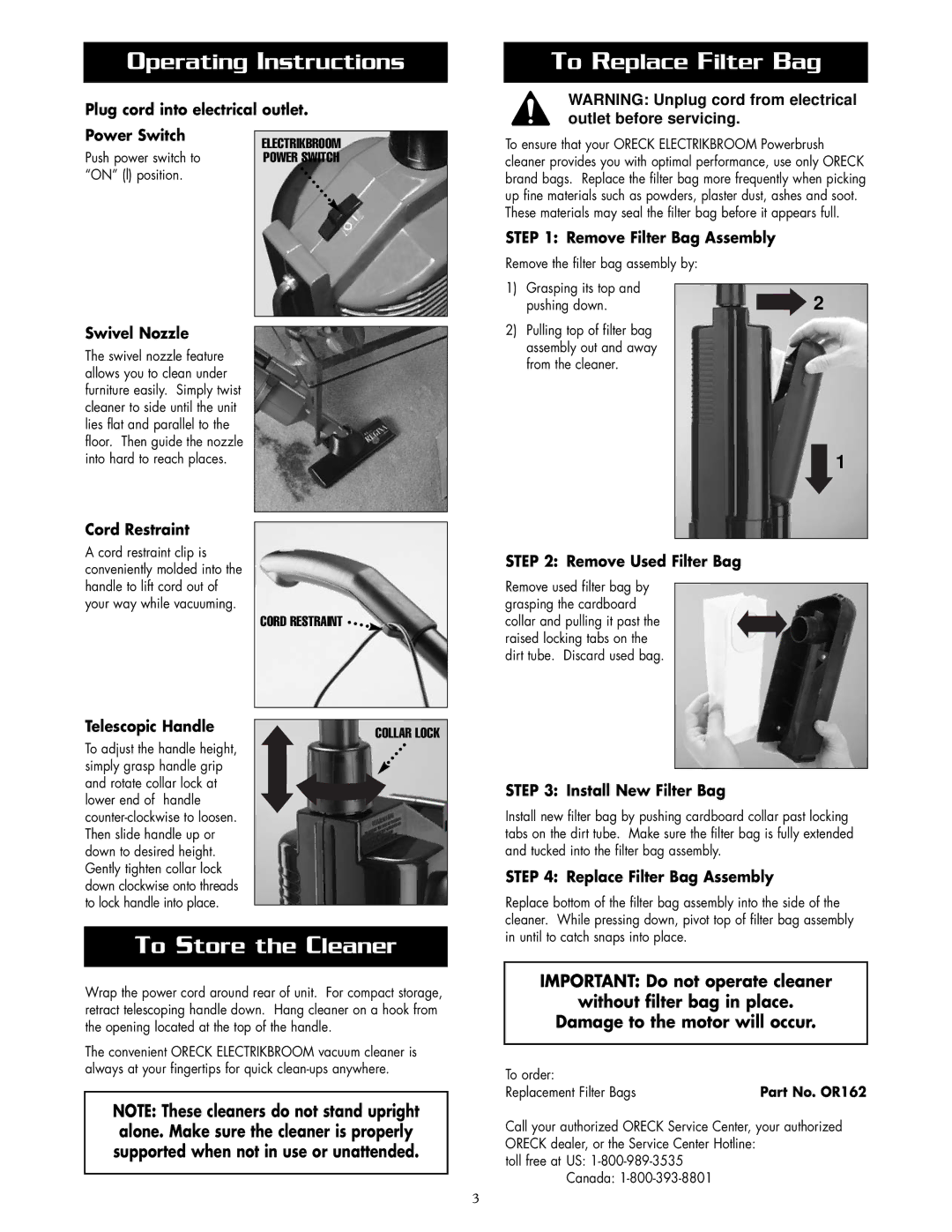 Oreck BR225 warranty Operating Instructions, To Replace Filter Bag, To Store the Cleaner 