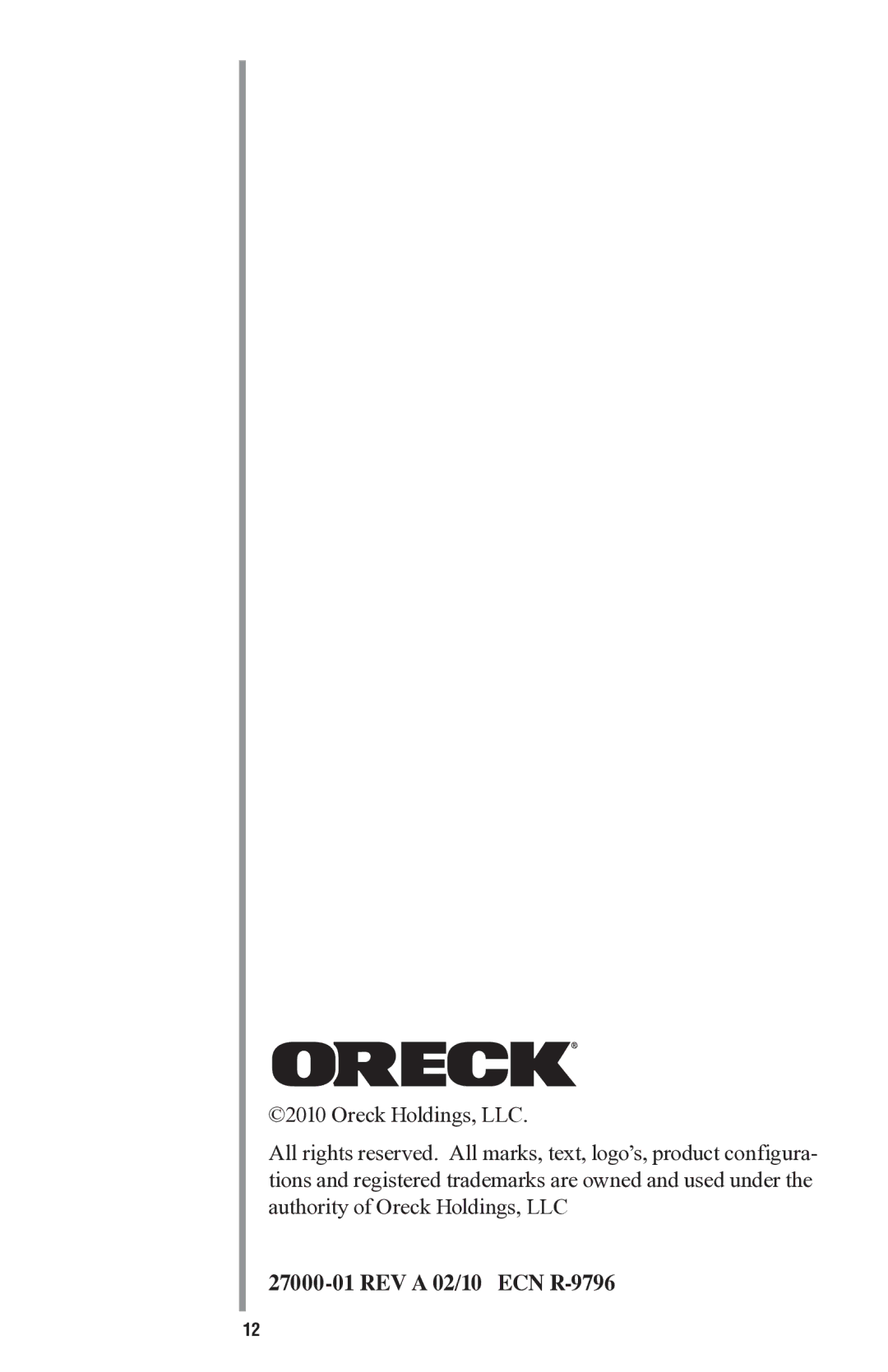 Oreck CC1000 manual REV a 02/10 ECN R-9796 