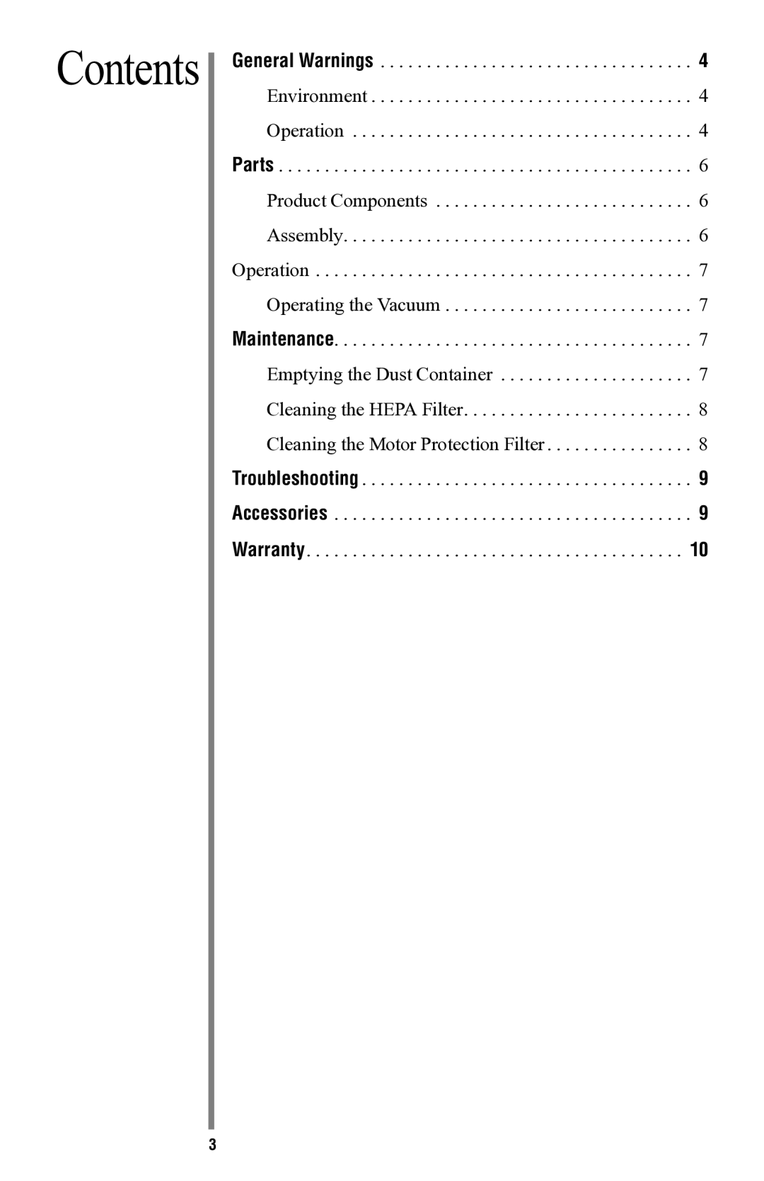 Oreck CC1000 manual Contents 