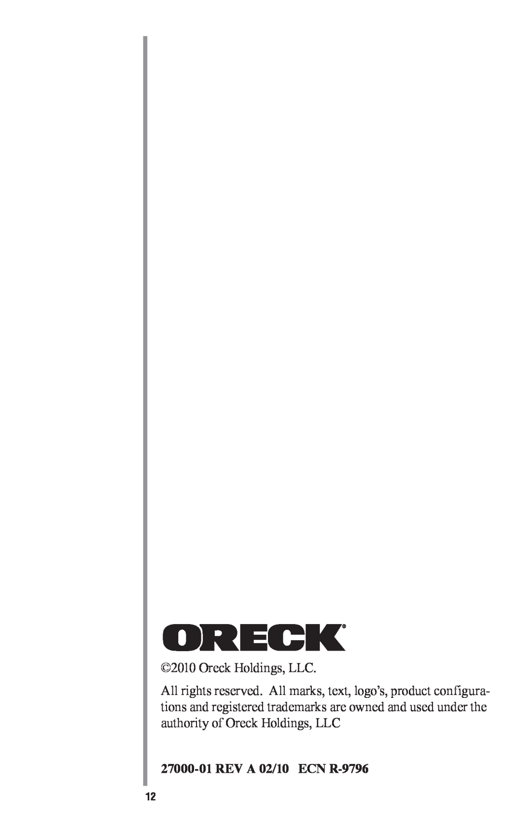 Oreck CC1000 manual 27000-01REV A 02/10 ECN R-9796, Oreck Holdings, LLC 
