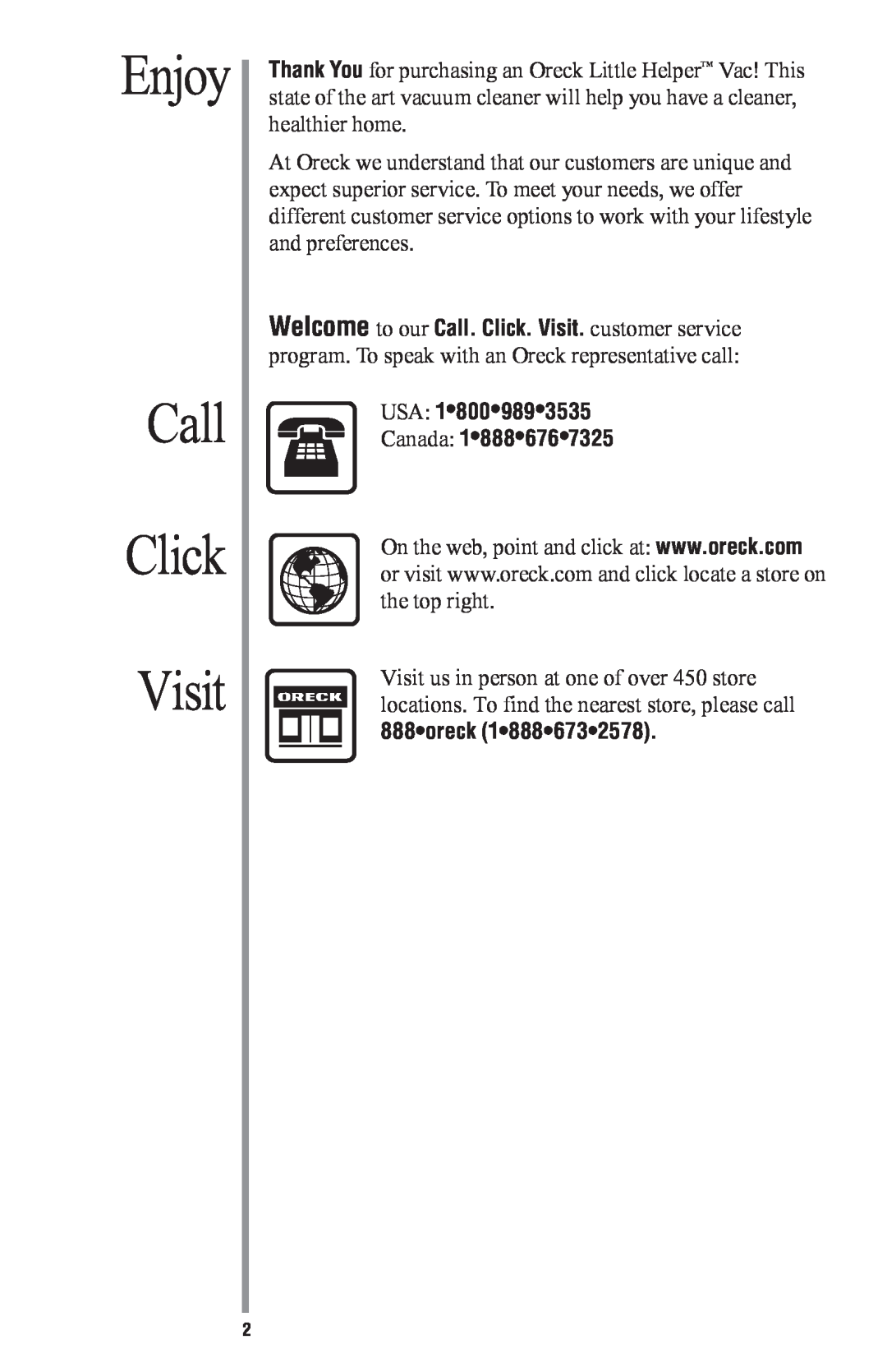 Oreck CC1000 manual Enjoy Call Click Visit, USA 18009893535 Canada, 888oreck 