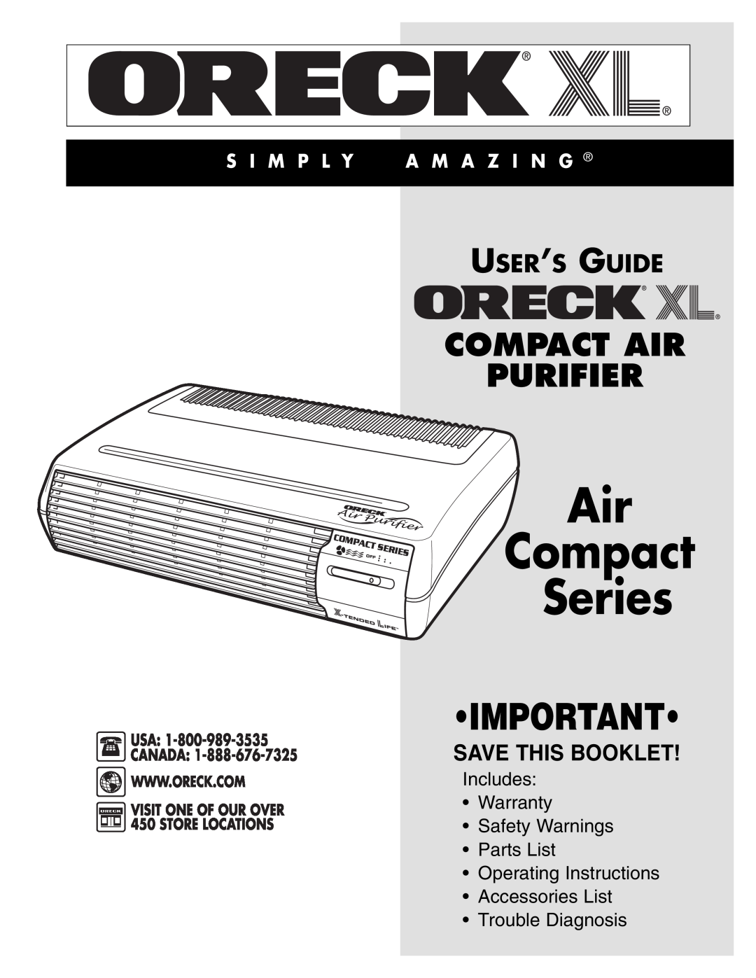 Oreck COMPACT AIR PURIFIER warranty Air Compact Series, Compact Air Purifier, User’S Guide, Save This Booklet 