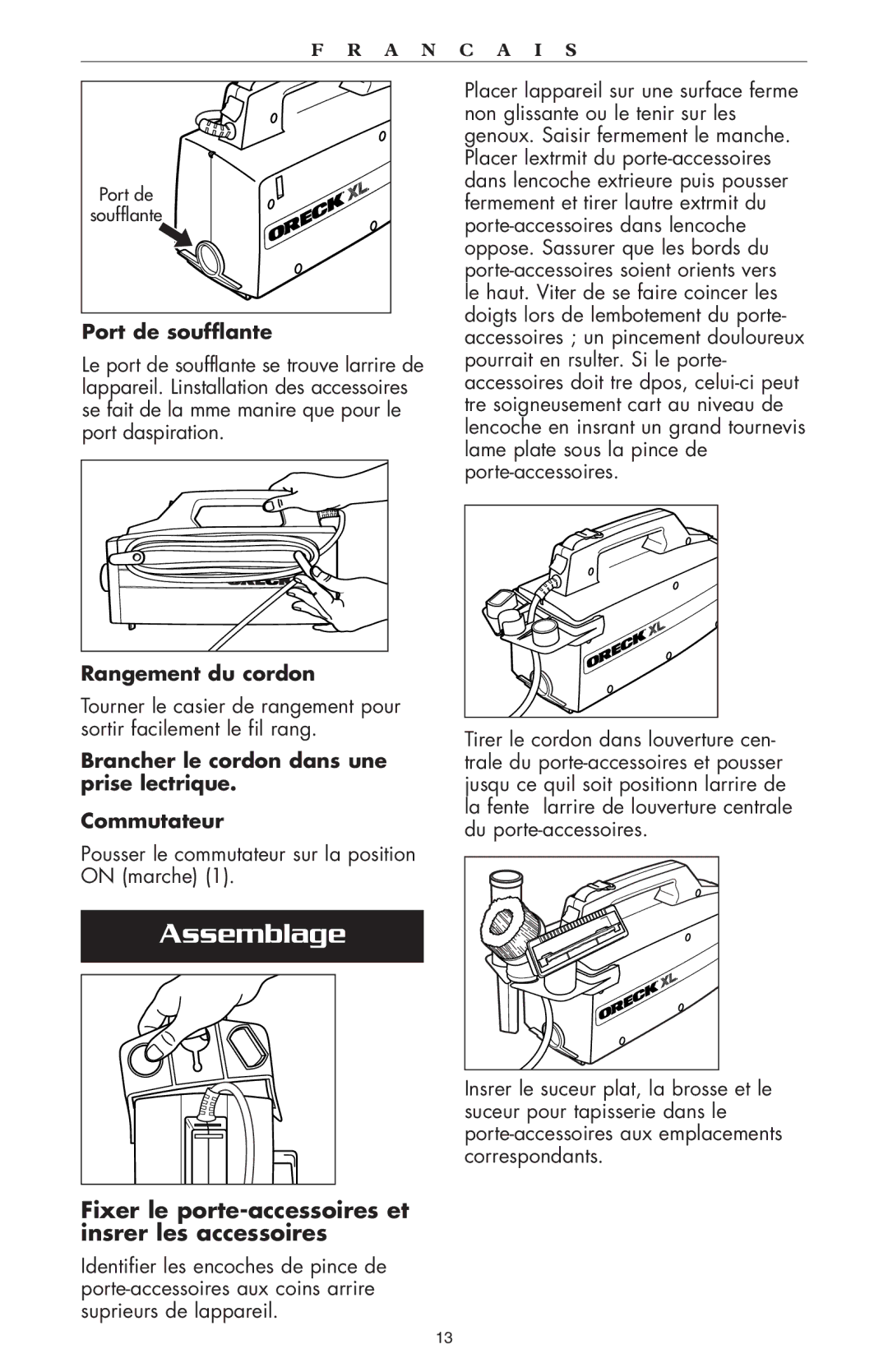 Oreck compact canister Vaccum warranty Assemblage, Port de soufflante, Rangement du cordon 