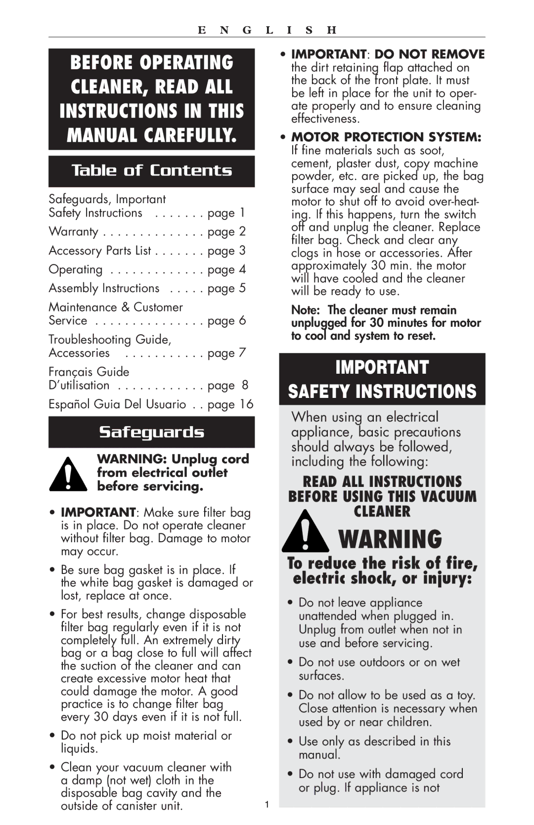 Oreck compact canister Vaccum warranty Table of Contents, Safeguards 