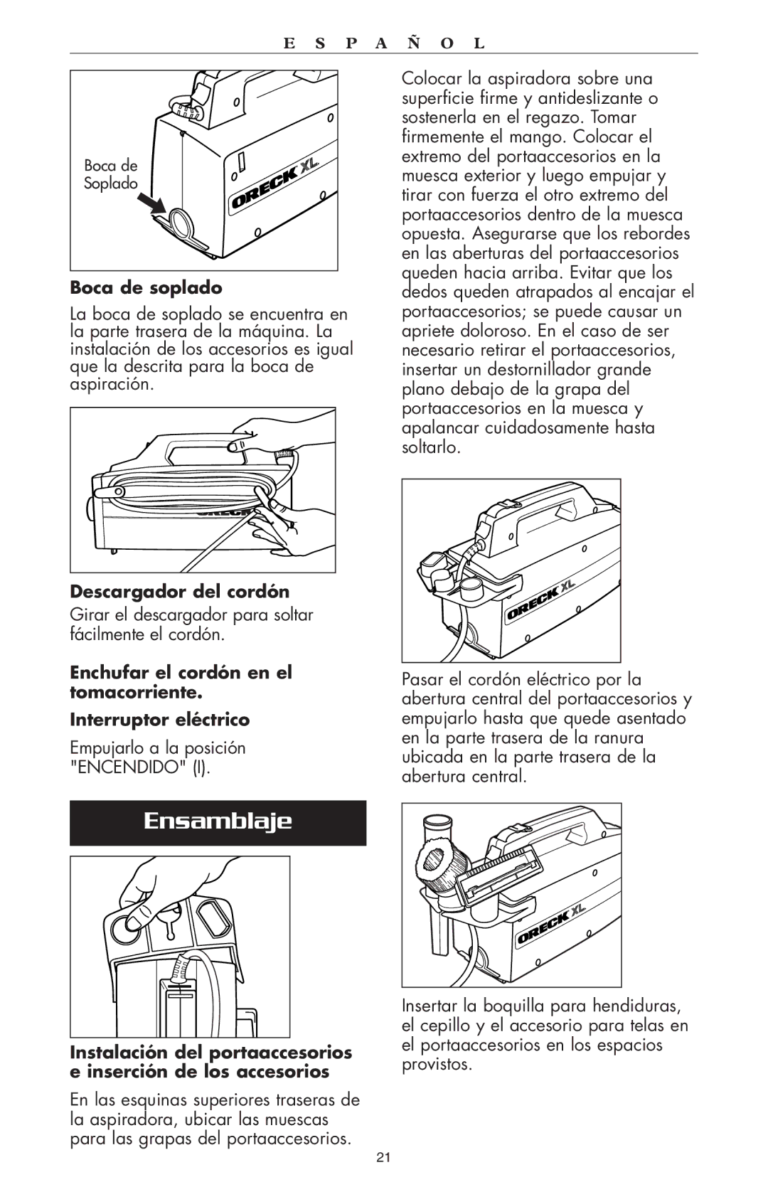 Oreck compact canister Vaccum warranty Ensamblaje, Boca de soplado, Descargador del cordón 