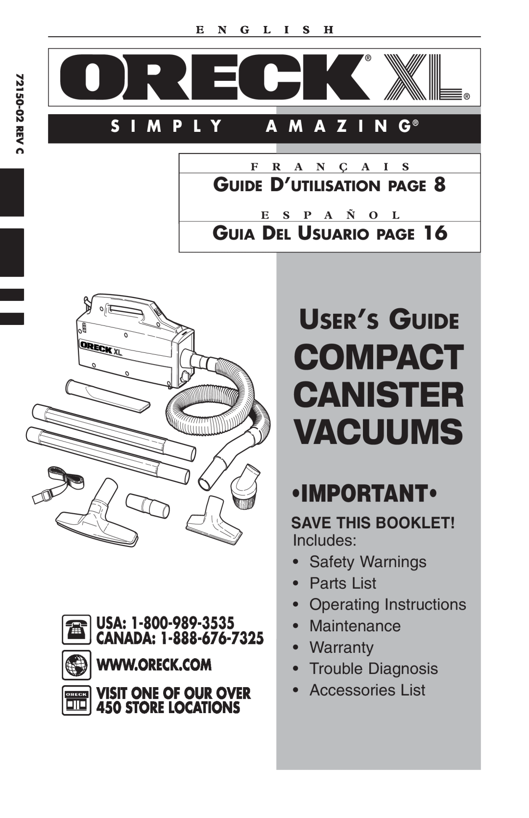 Oreck compact canister Vaccum warranty User’S Guide, S I M P L Y, A M A Z I N G, Compact Canister Vacuums, E N G L I S H 