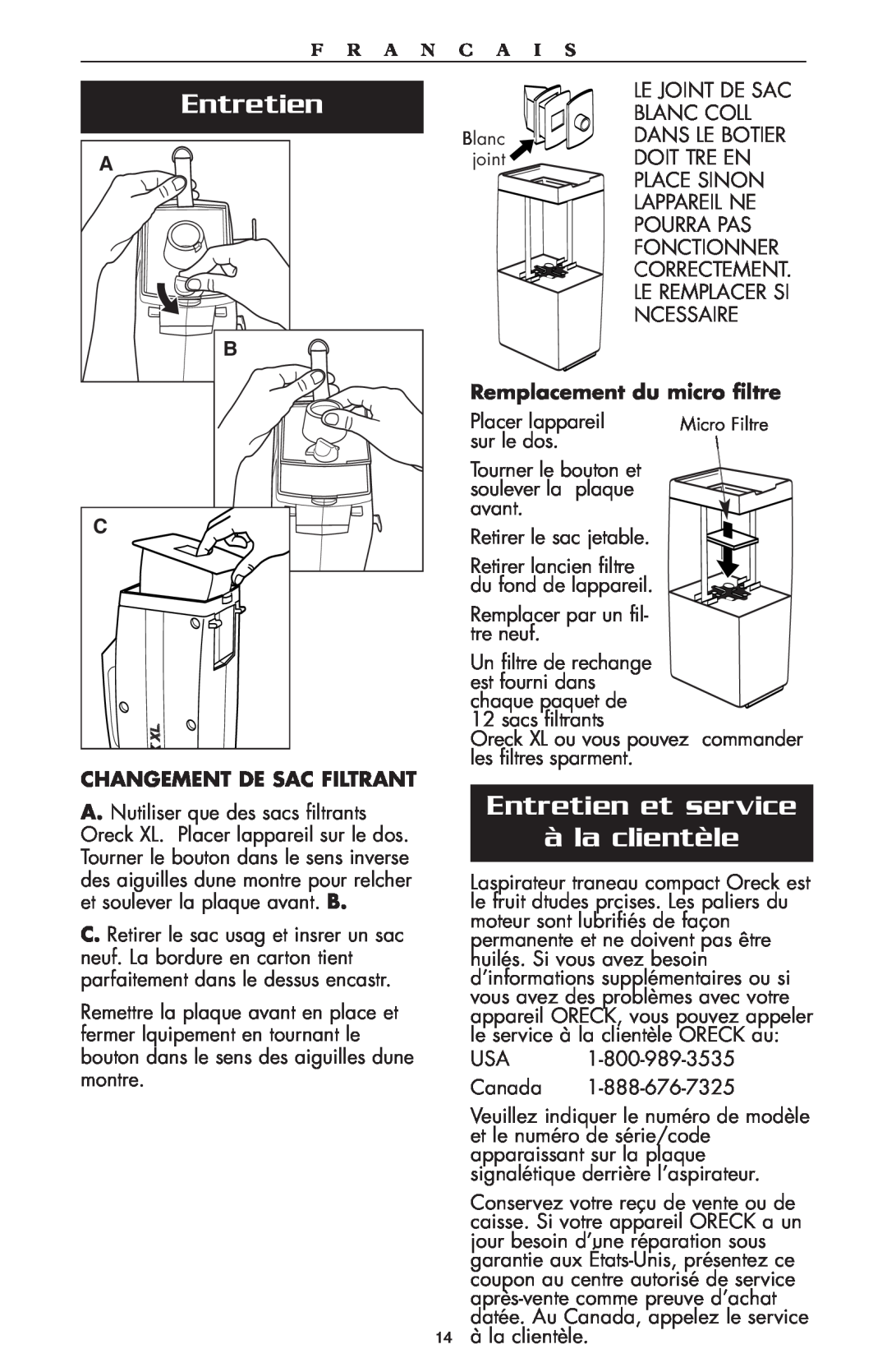 Oreck compact canister Vaccum warranty Entretien et service à la clientèle, A B C, Changement De Sac Filtrant 
