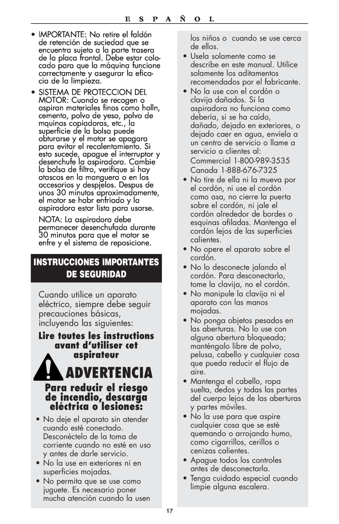 Oreck compact canister Vaccum Advertencia, De Seguridad, Lire toutes les instructions avant d’utiliser cet, aspirateur 
