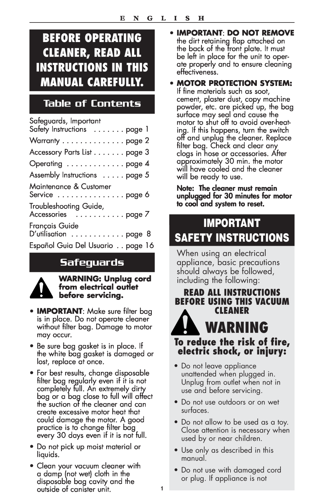 Oreck compact canister Vaccum warranty Safety Instructions, Table of Contents, Safeguards, Cleaner 