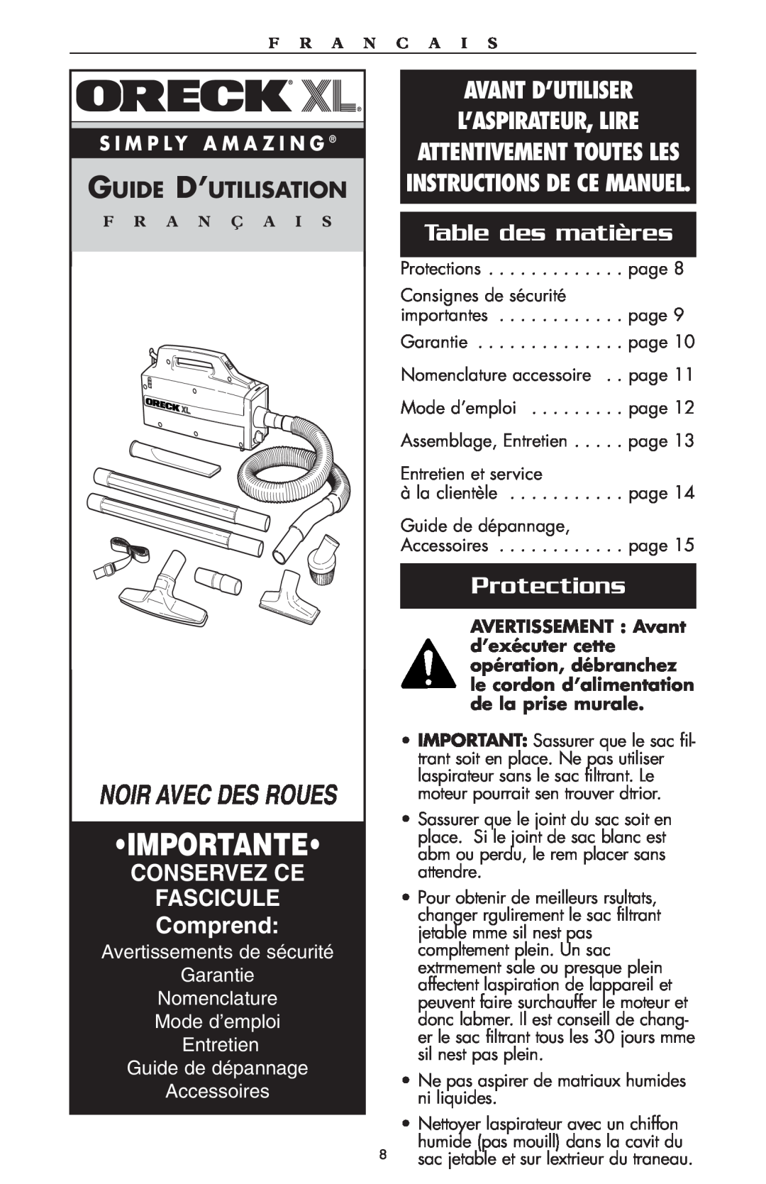 Oreck compact canister Vaccum Importante, Table des matières, Protections, Guide D’Utilisation, Conservez Ce, Fascicule 
