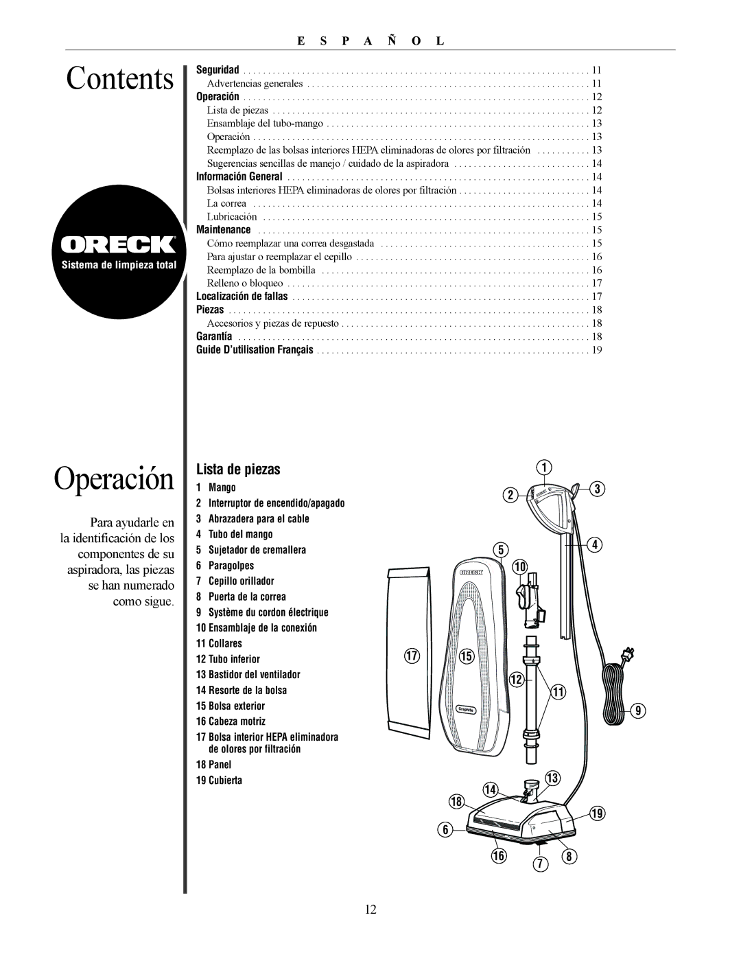 Oreck David manual Contents Operación 