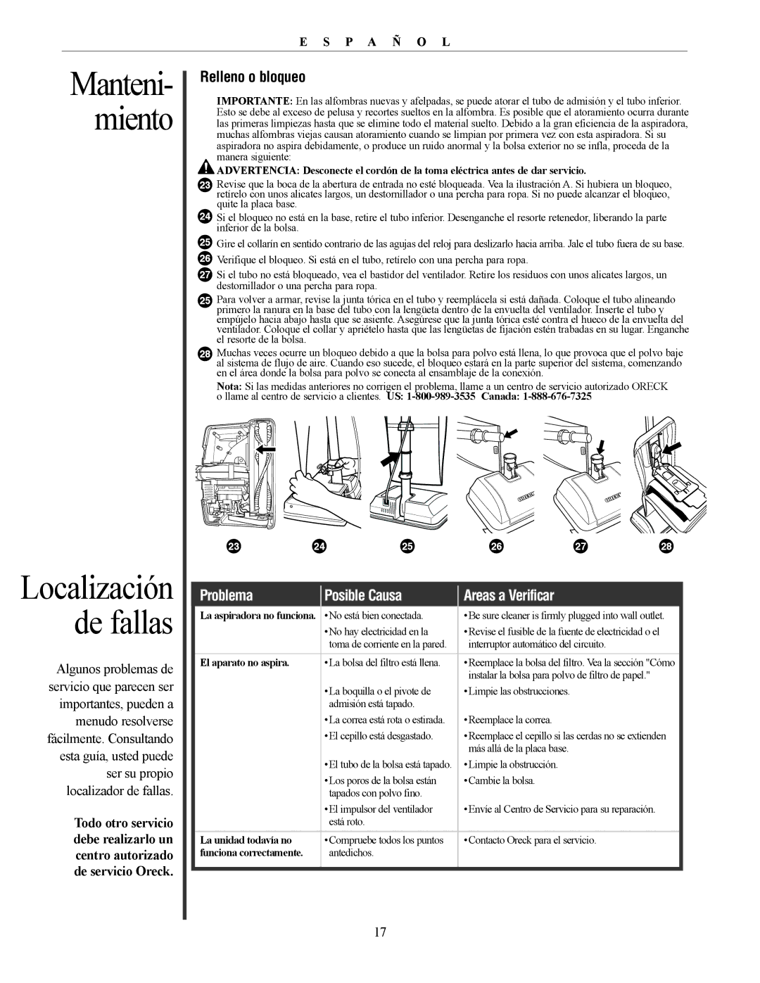 Oreck David manual Relleno o bloqueo, Problema Posible Causa Areas a Verificar, El aparato no aspira, La unidad todavía no 