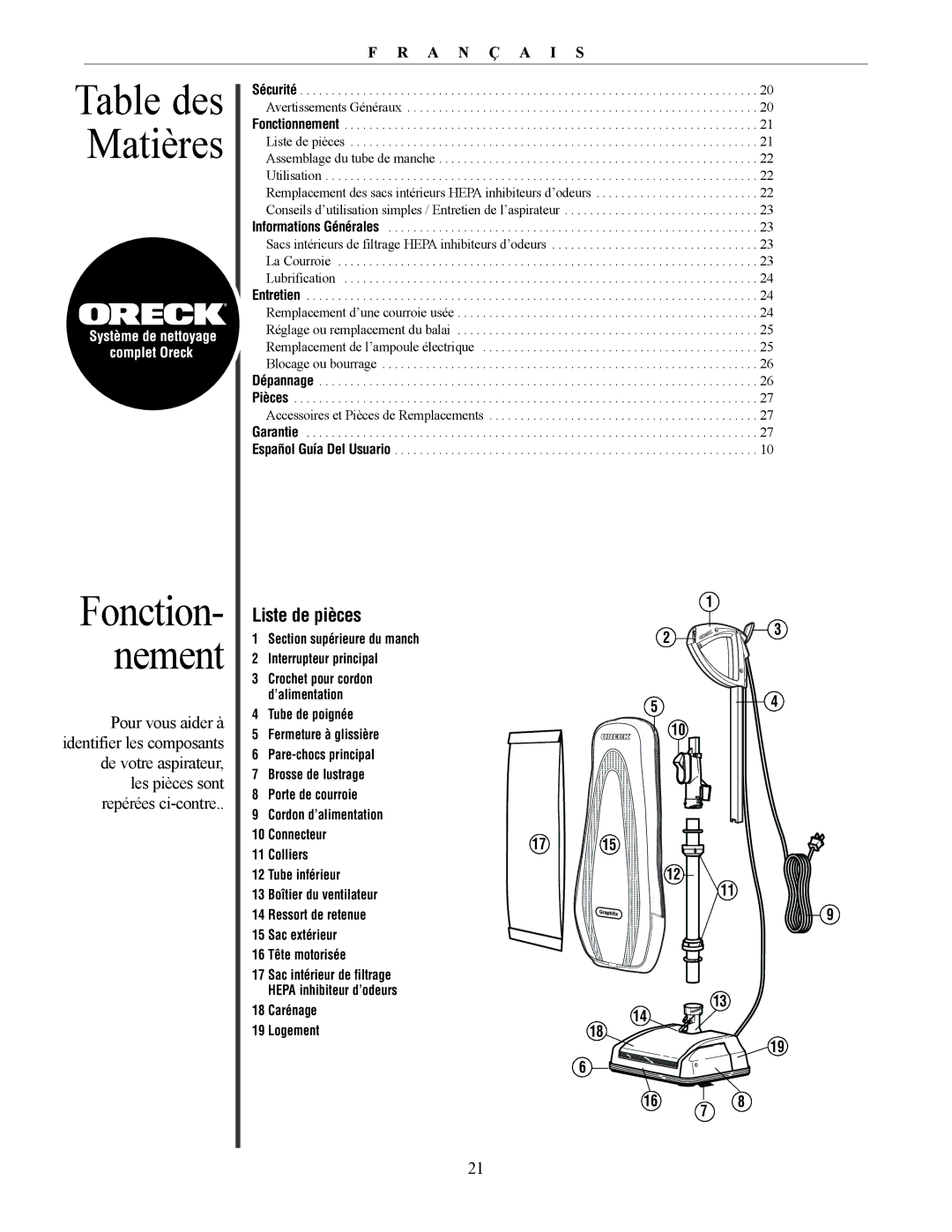 Oreck David manual Table des Matières, Liste de pièces 