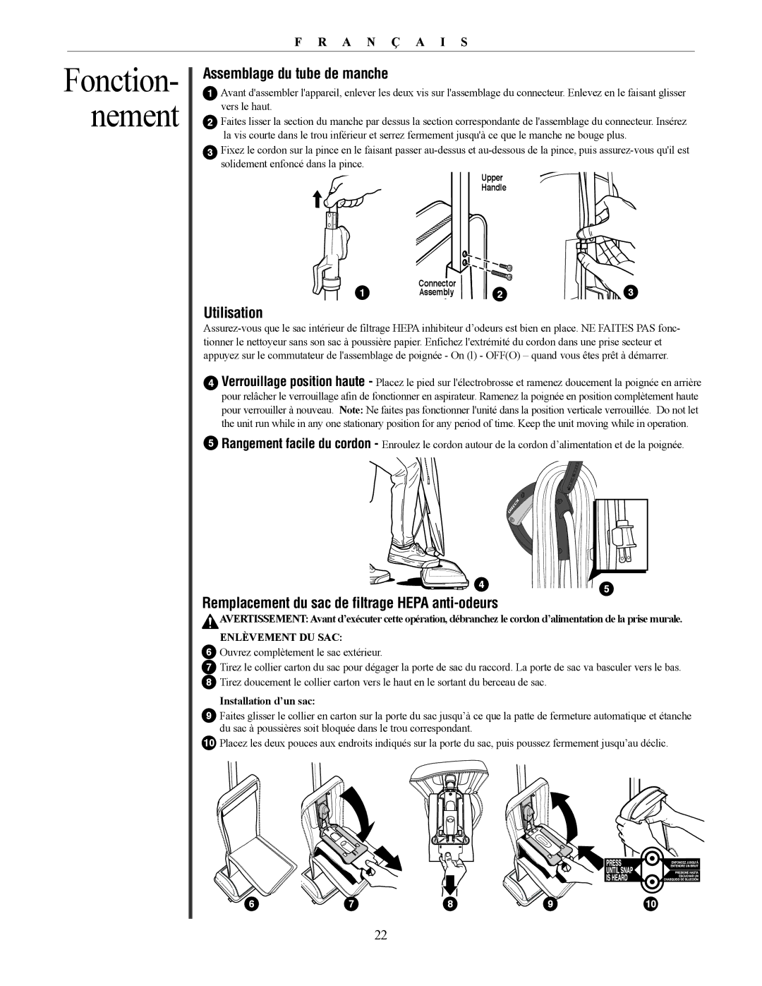 Oreck David manual Assemblage du tube de manche, Utilisation, Remplacement du sac de filtrage Hepa anti-odeurs 