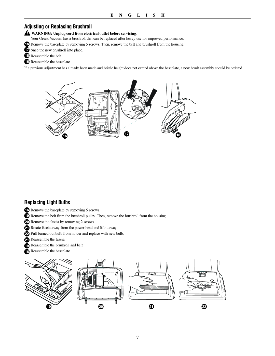 Oreck David manual Replacing Light Bulbs 