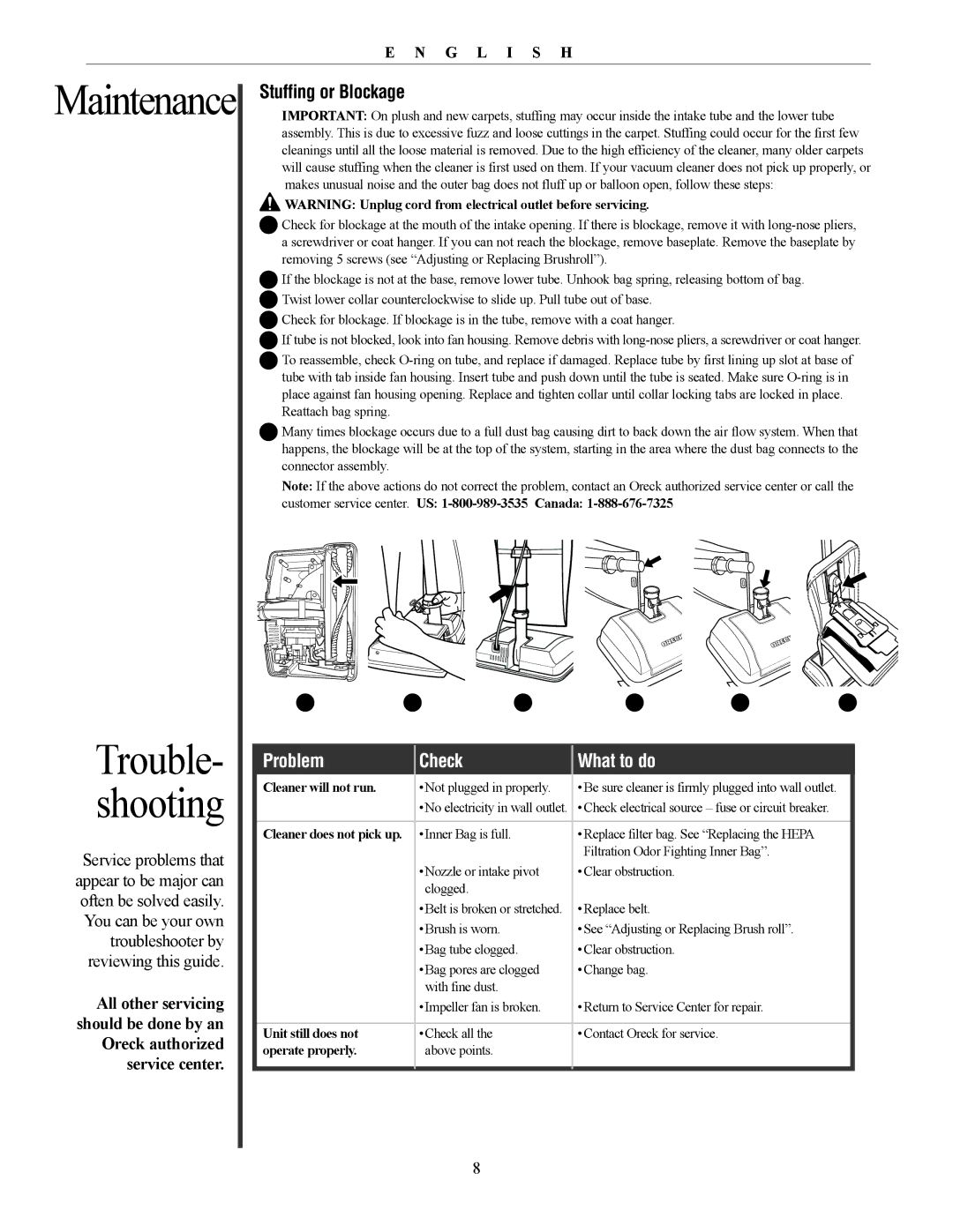 Oreck David manual Stuffing or Blockage, Check What to do 