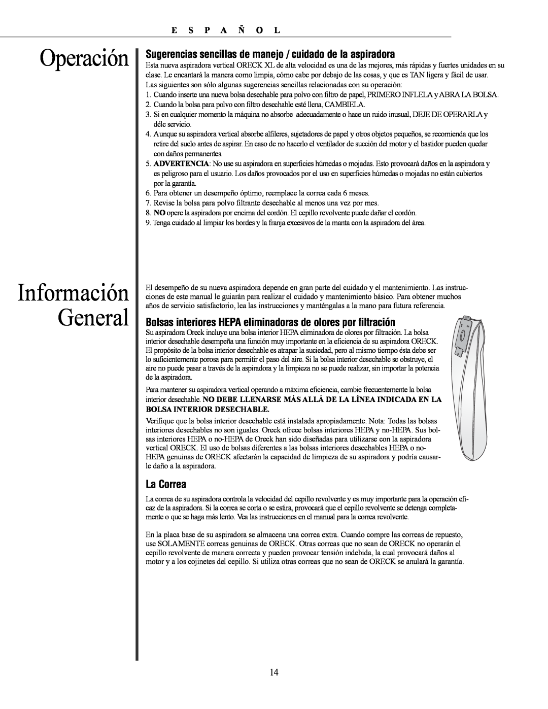 Oreck David manual Información General, Operación 
