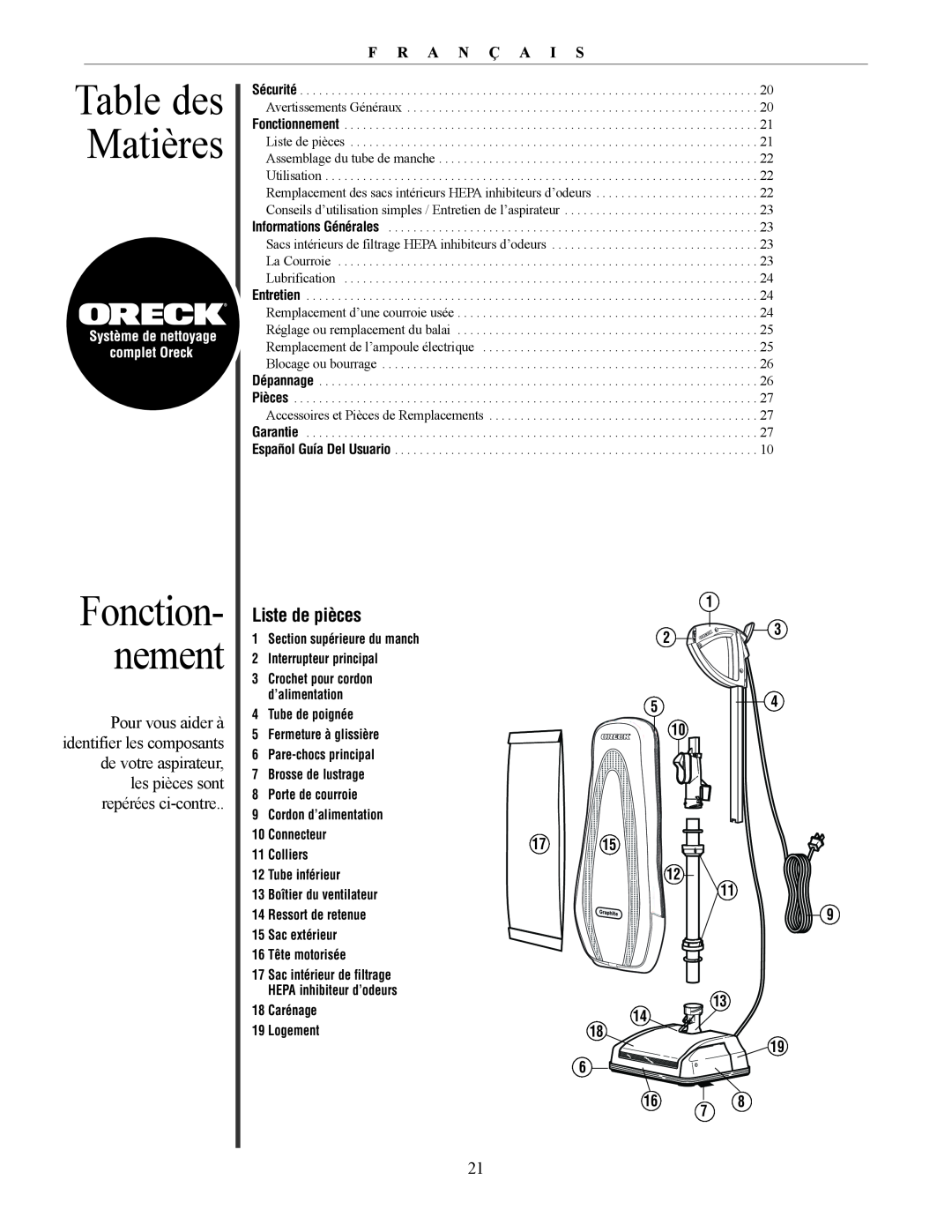 Oreck David manual Table des Matières, Fonction- nement, F R A N Ç A I S 
