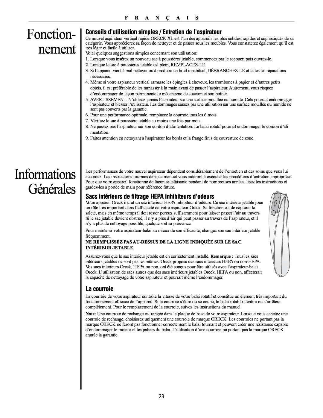 Oreck David manual Fonction- nement, Informations Générales 