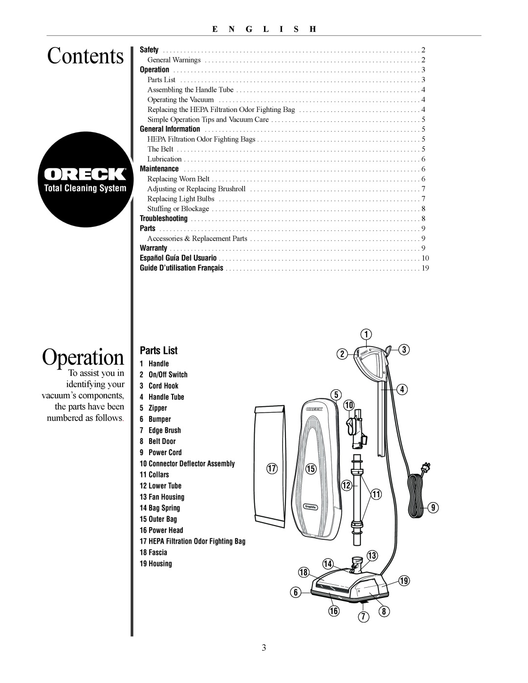 Oreck David manual Contents, Operation, E N G L I S H, Total Cleaning System 