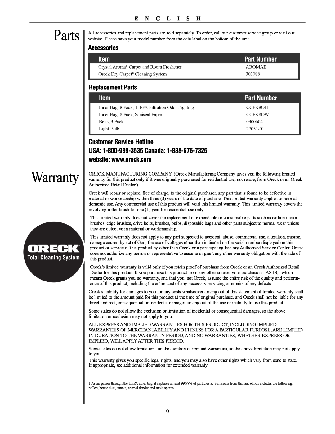 Oreck David manual Parts Warranty, Part Number, E N G L I S H, Total Cleaning System 