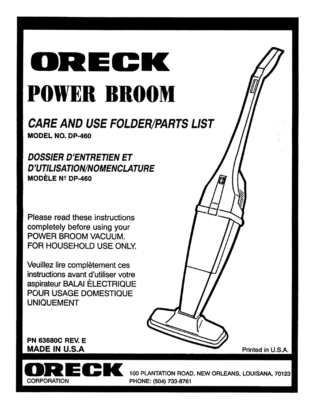 Oreck DP-460 manual 