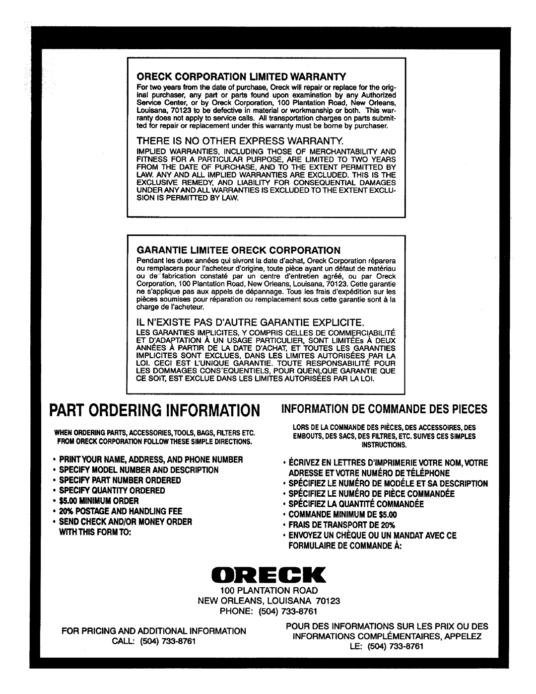 Oreck DP-460 manual 