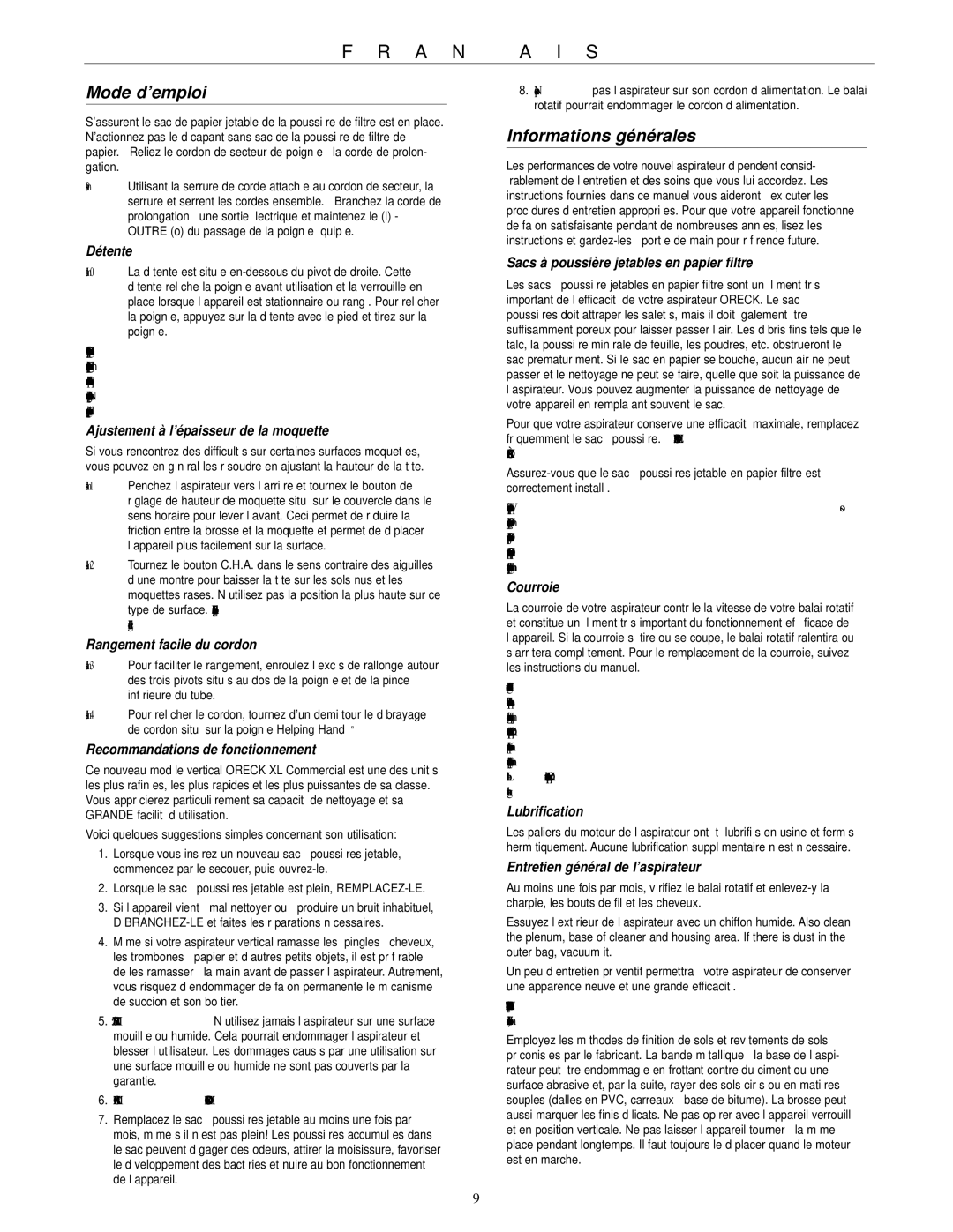 Oreck DS1700HY warranty Mode d’emploi, Informations générales 