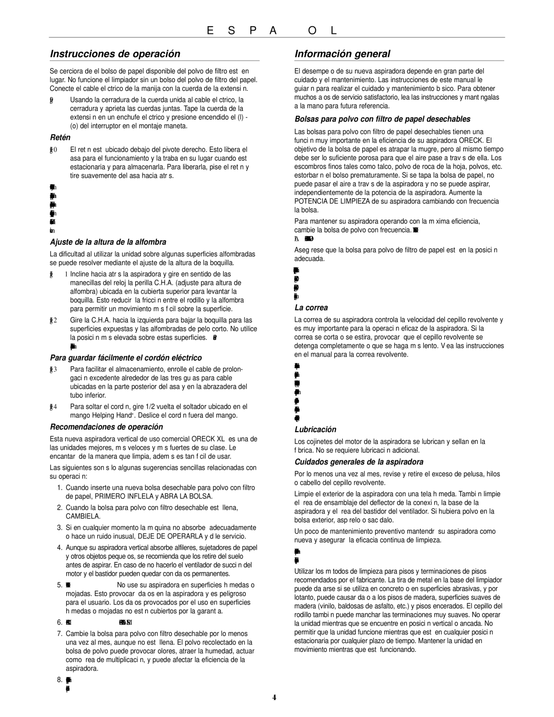 Oreck DS1700HY warranty Instrucciones de operación, Información general 