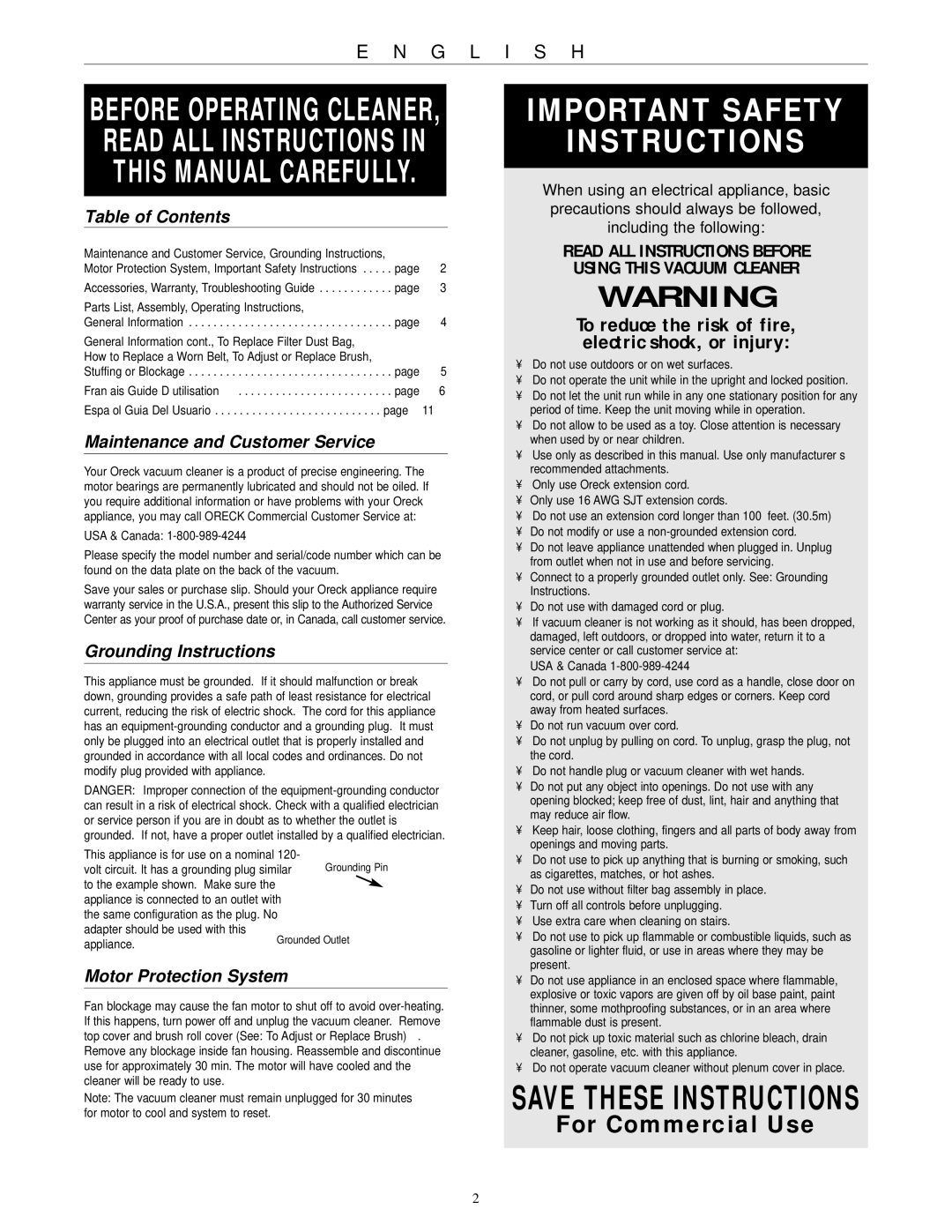 Oreck DS1700HY Table of Contents, Maintenance and Customer Service, Grounding Instructions, Motor Protection System 