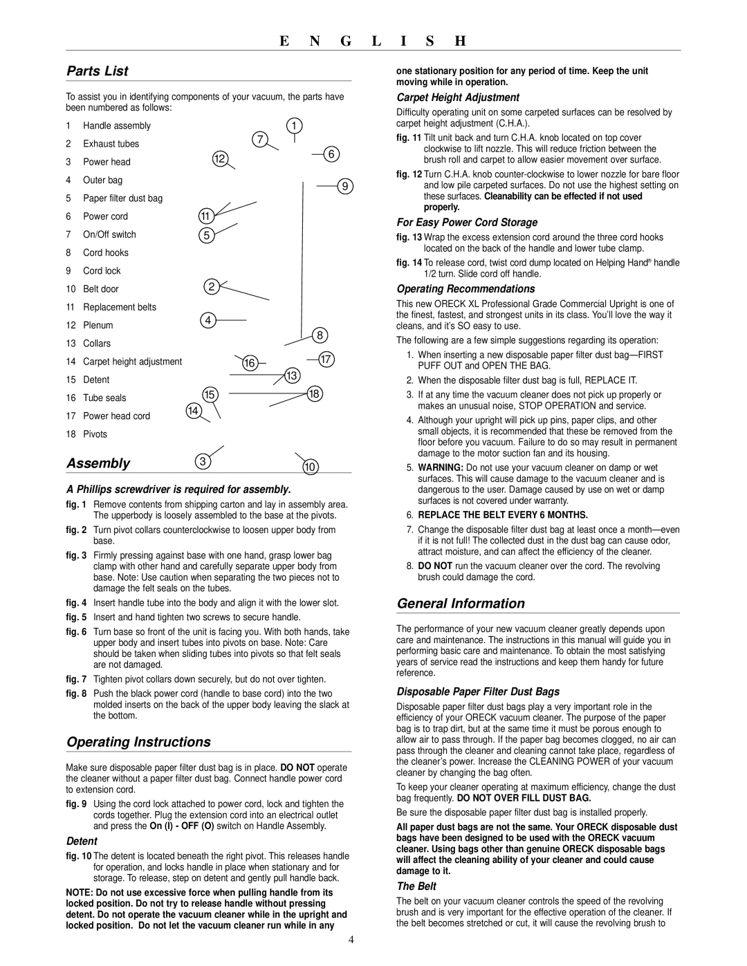 Oreck DS1700HY warranty Parts List, Assembly, Operating Instructions, General Information 