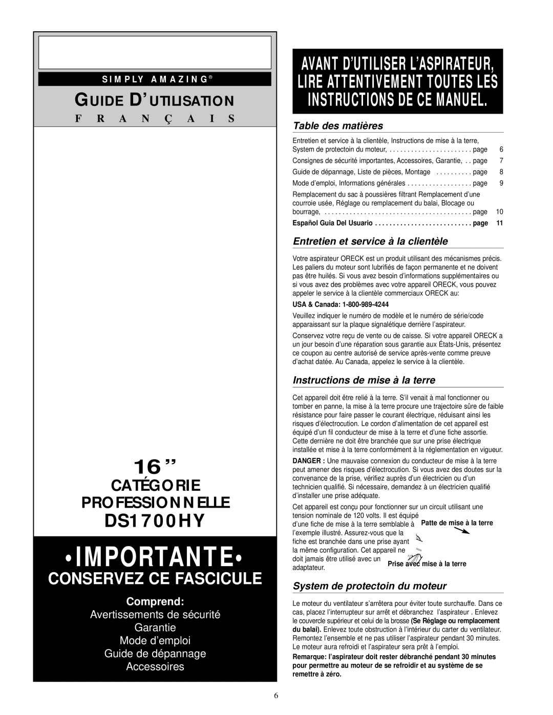 Oreck DS1700HY warranty Table des matières, Entretien et service à la clientèle, Instructions de mise à la terre 