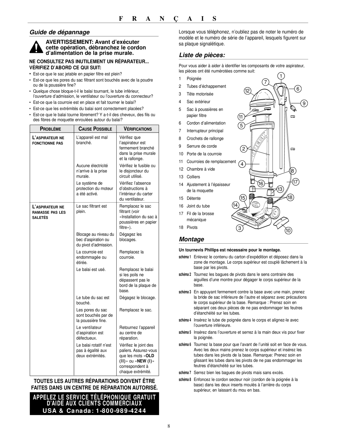 Oreck DS1700HY warranty Guide de dépannage, Liste de pièces, Montage, Ll » ou « NEW l » 