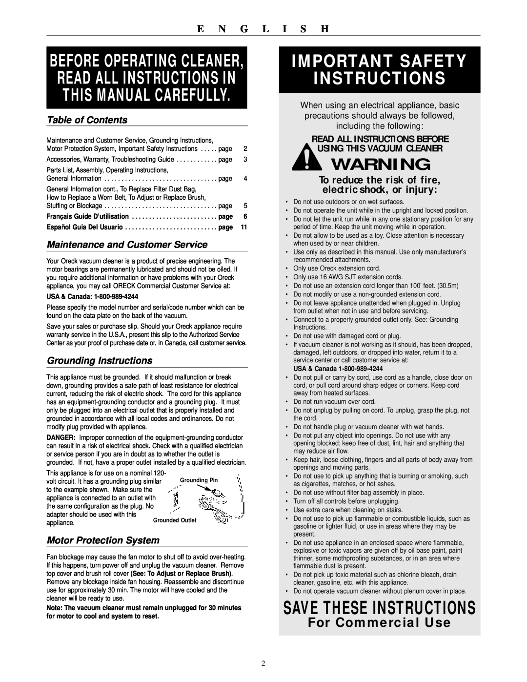 Oreck DS1700HY Important Safety Instructions, For Commercial Use, E N G L I S H, Table of Contents, Grounding Instructions 