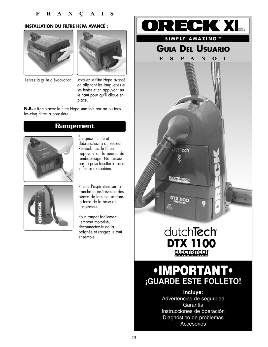 Oreck DTX 1100 warranty Rangement, Installation DU Filtre Hepa Avancé 