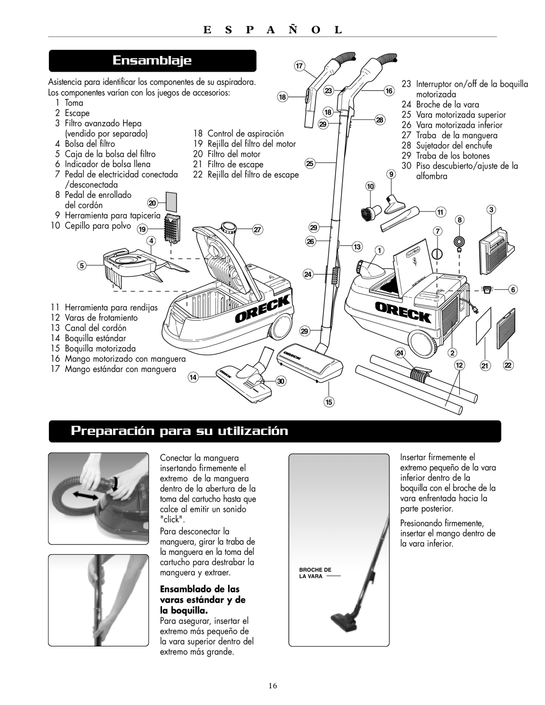 Oreck DTX 1100 warranty Ensamblaje17, Preparación para su utilización, Mango estándar con manguera 