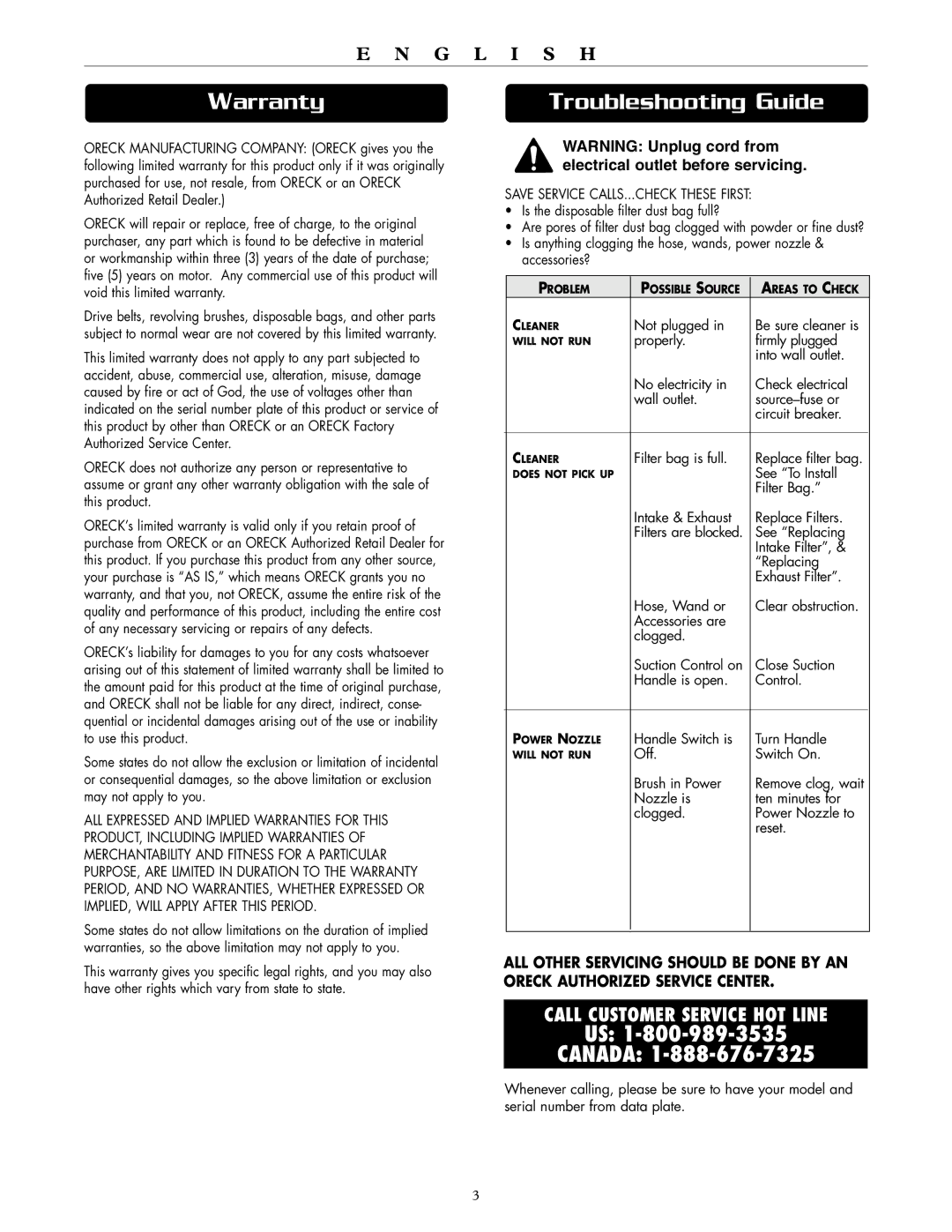 Oreck DTX 1100 warranty Warranty, Troubleshooting Guide 