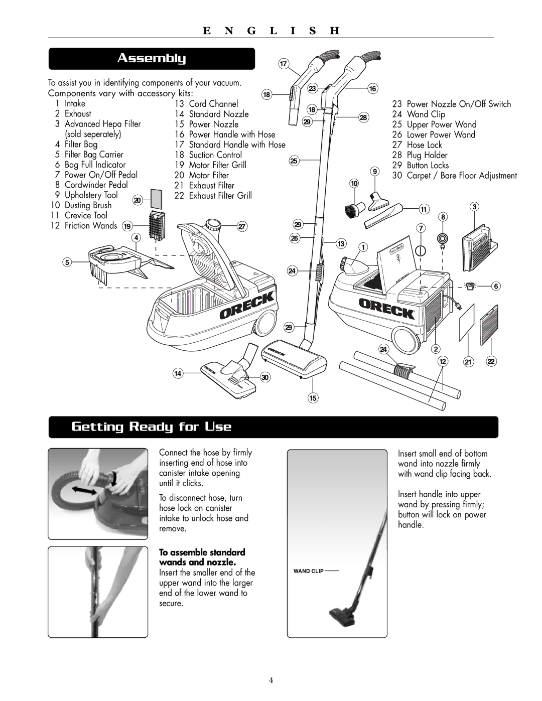 Oreck DTX 1100 warranty Assembly, Getting Ready for Use, Cordwinder Pedal Exhaust Filter Upholstery Tool 