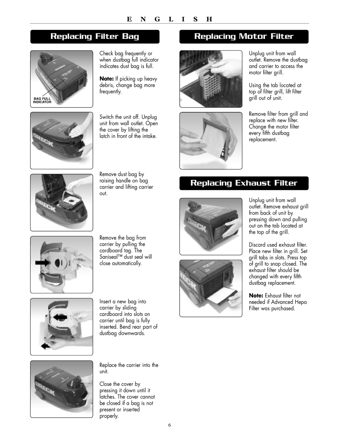 Oreck DTX 1100 warranty Replacing Filter Bag, Replacing Motor Filter, Replacing Exhaust Filter 