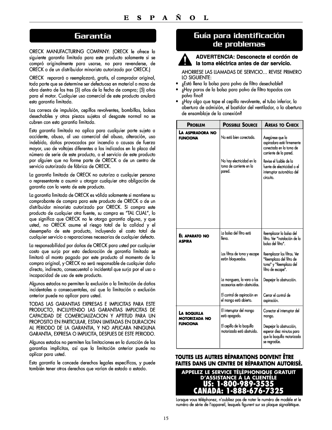 Oreck DTX 1100 Garantía, Guía para identificación de problemas, Toutes Les Autres Réparations Doivent Être, Us Canada 