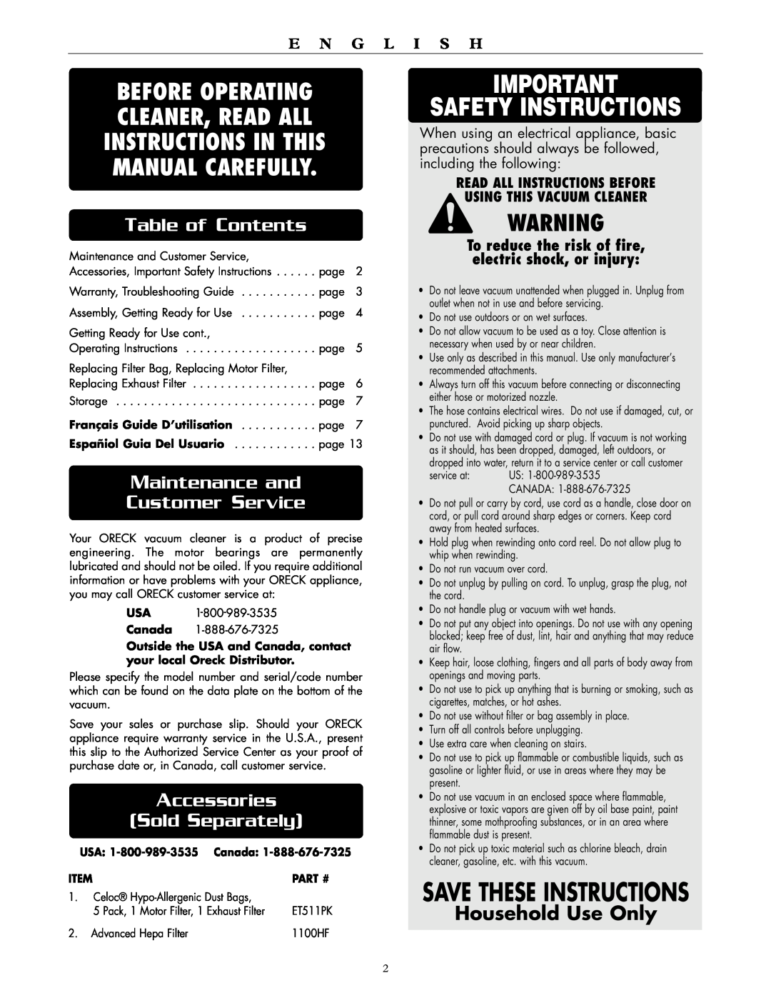 Oreck DTX 1100 Safety Instructions, Save These Instructions, Table of Contents, Maintenance and, Customer Service, Part # 