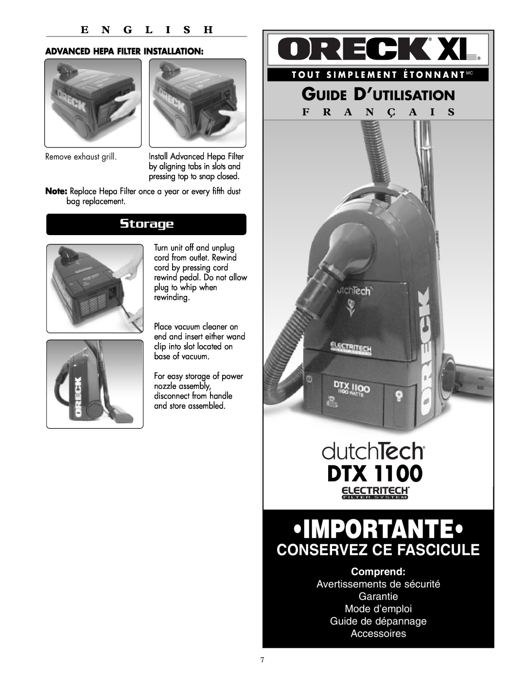 Oreck DTX 1100 Importante, Conservez Ce Fascicule, Storage, Guide D’Utilisation, F R A N Ç A I S, Comprend, E N G L I S H 