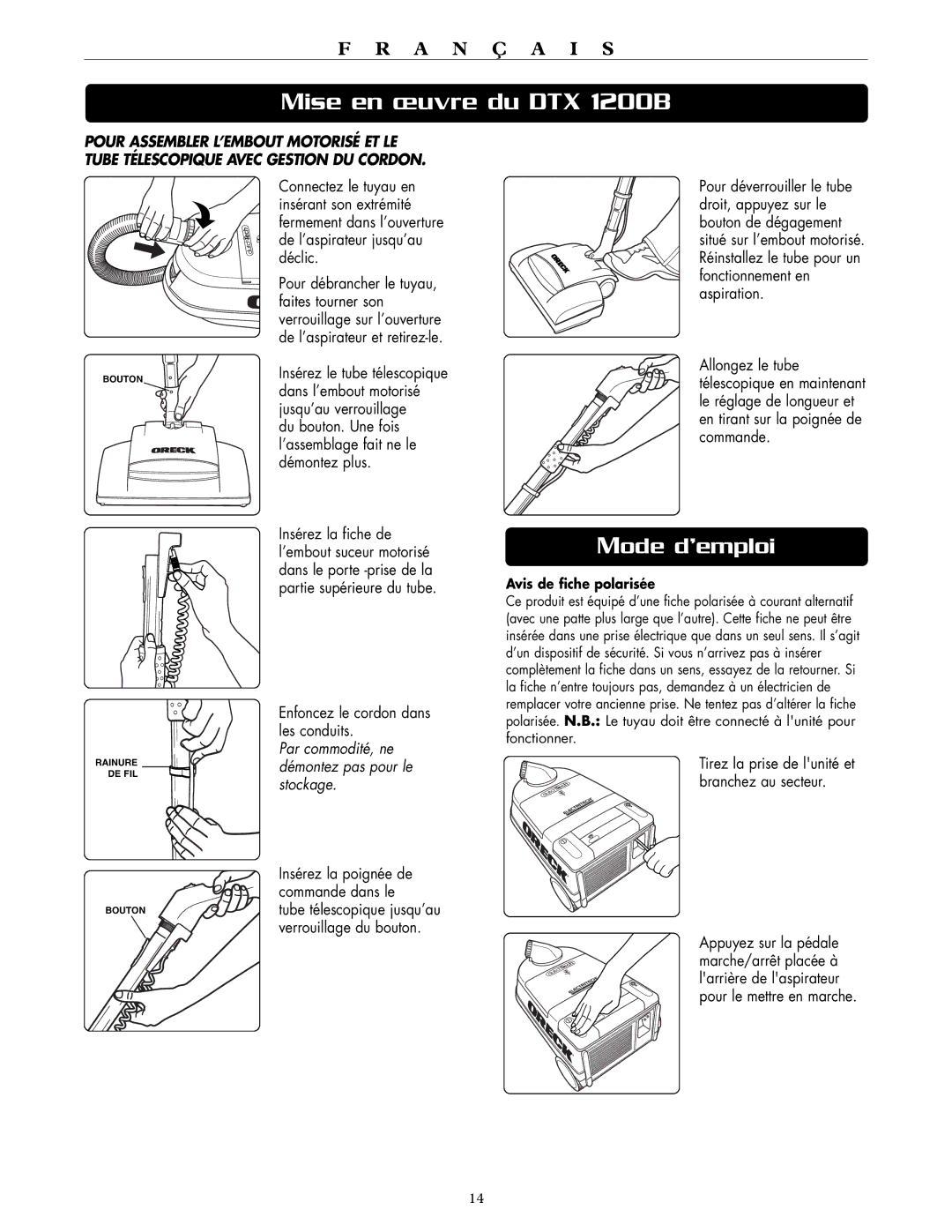 Oreck DTX 1200B, DTX 1200A quick start Mode d’emploi 