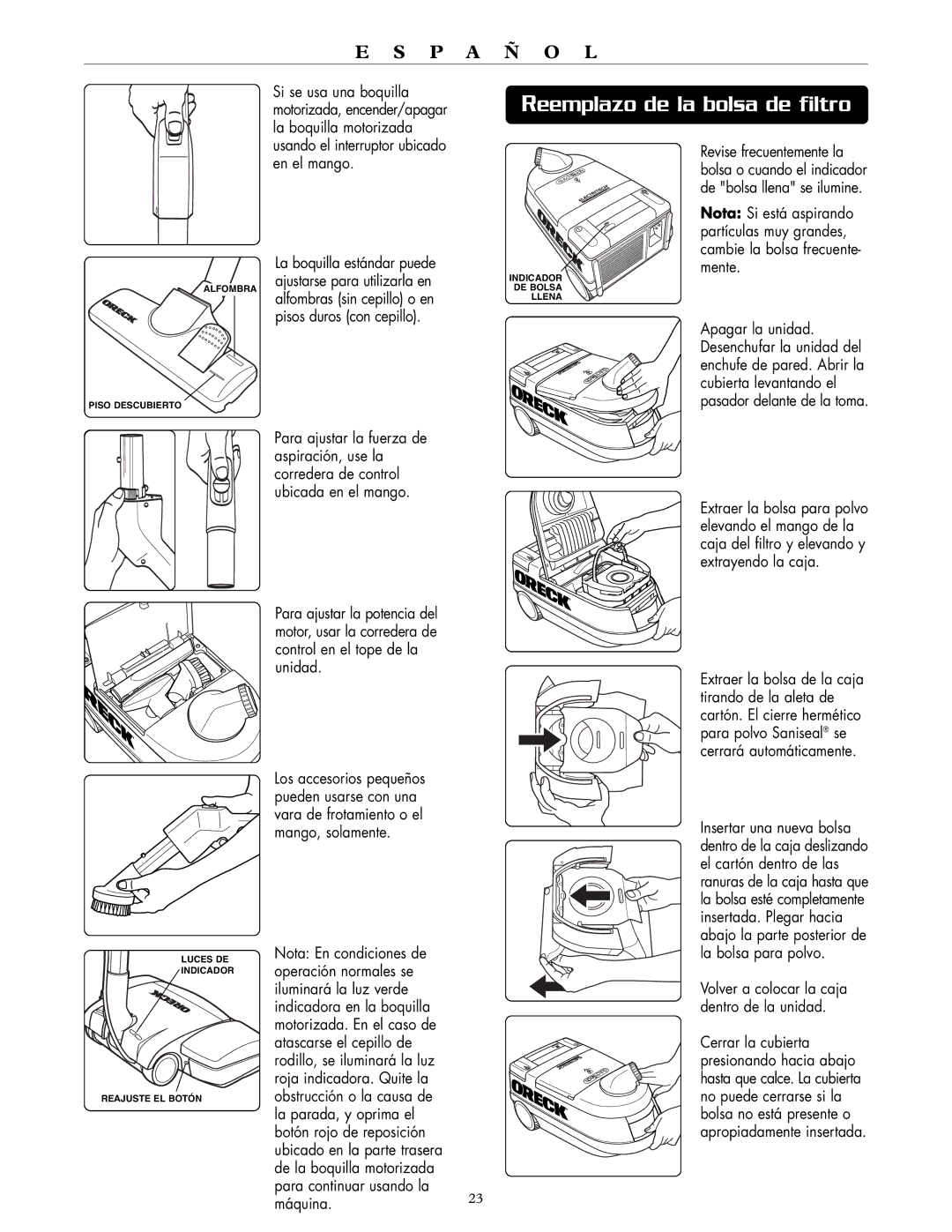 Oreck DTX 1200A, DTX 1200B quick start Reemplazo de la bolsa de filtro, Máquina.23 