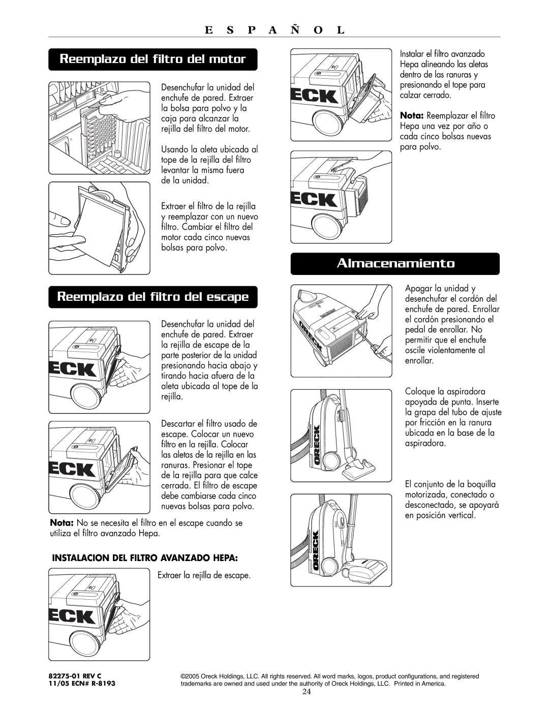 Oreck DTX 1200B, DTX 1200A quick start Reemplazo del filtro del motor, Reemplazo del filtro del escape, Almacenamiento 