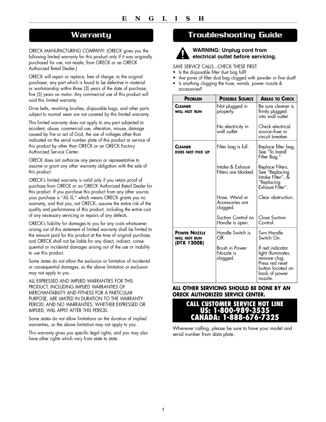 Oreck DTX 1200A quick start Warranty, Troubleshooting Guide, DTX 1200B 